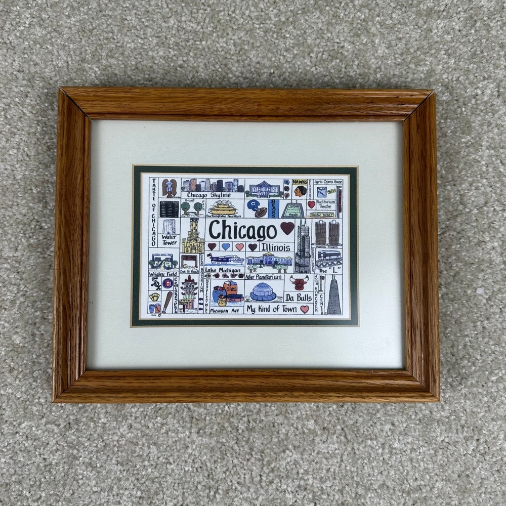 VTG Chicago Illinois Souvenir Framed Art Print Wood Frame Sports Skyline 10x8
